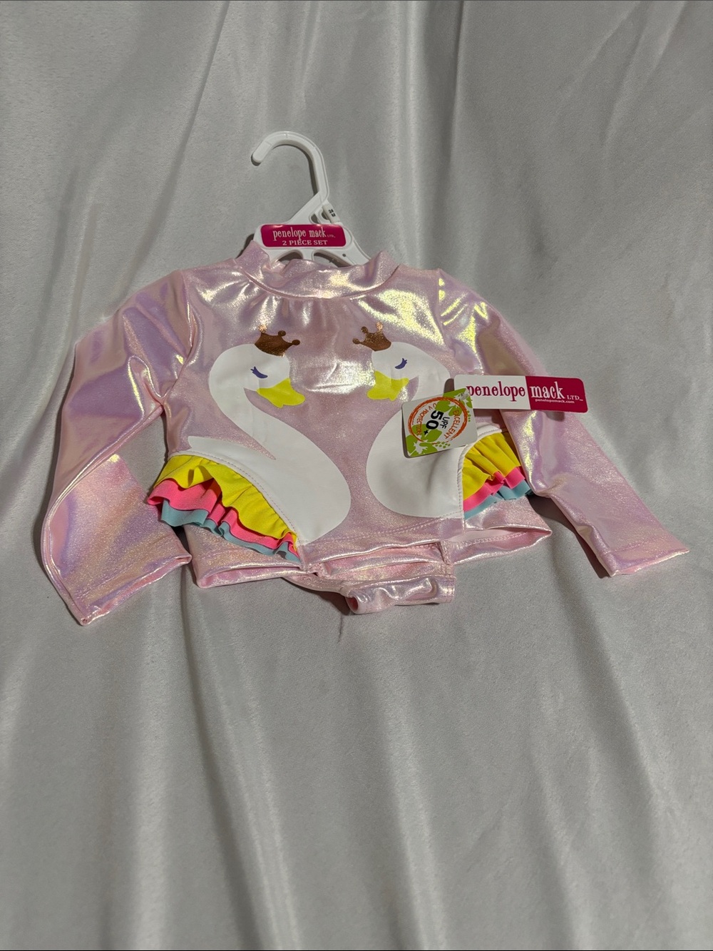 Penelope Mack Pink Iridescent Swan Ruffle Rash Guard